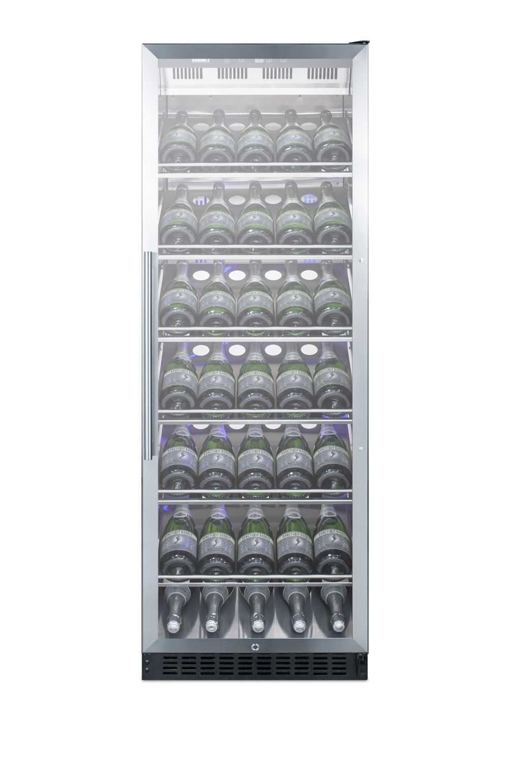 Full-size commercially listed wine cellar with stainless steel interior, champagne shelving, digital controls, self-closing glass door, and stainless steel cabinet